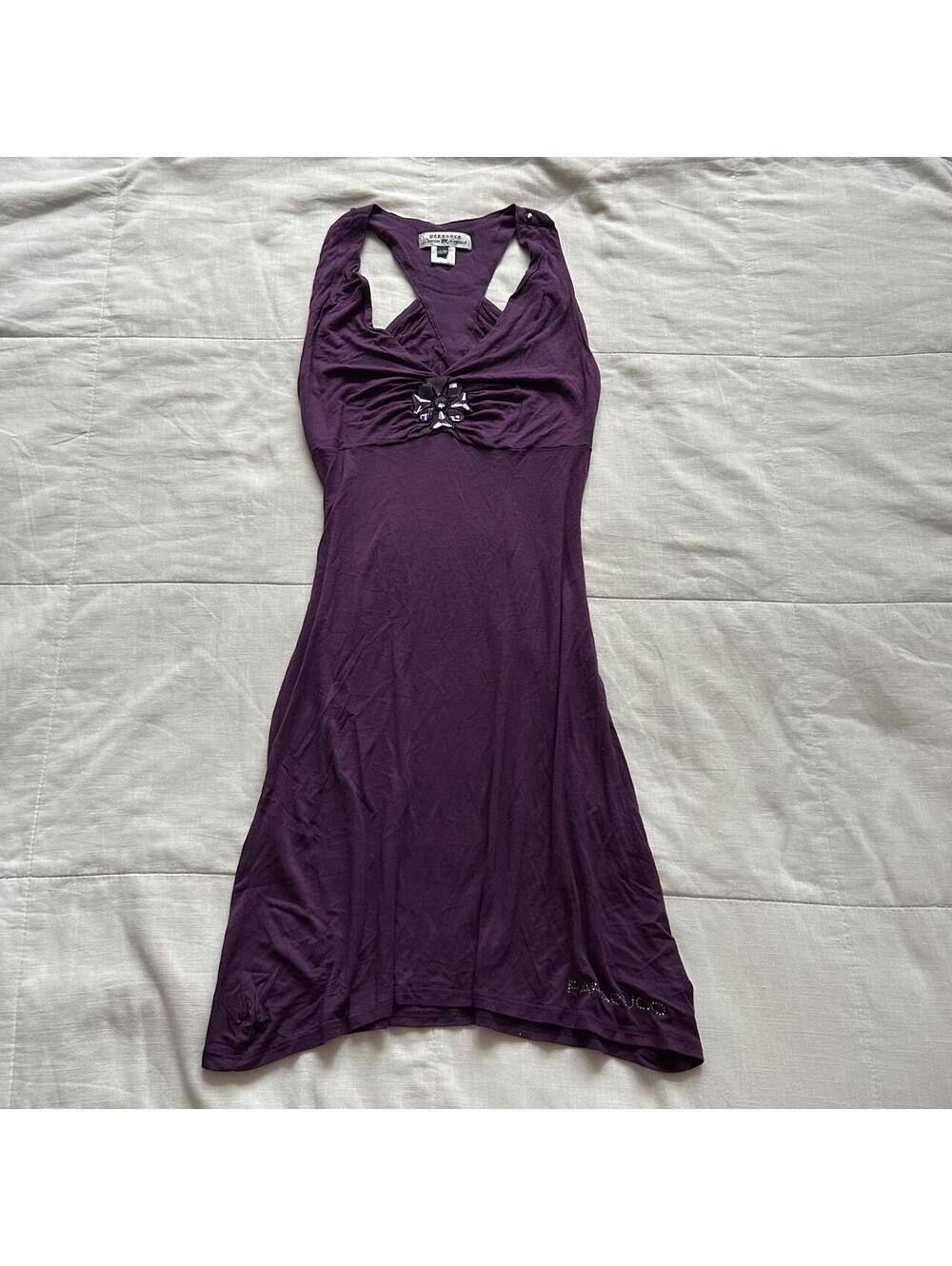 Parasuco Y2K Plum Purple Halter Midi Dress Rhinestone Flower Ruched Small